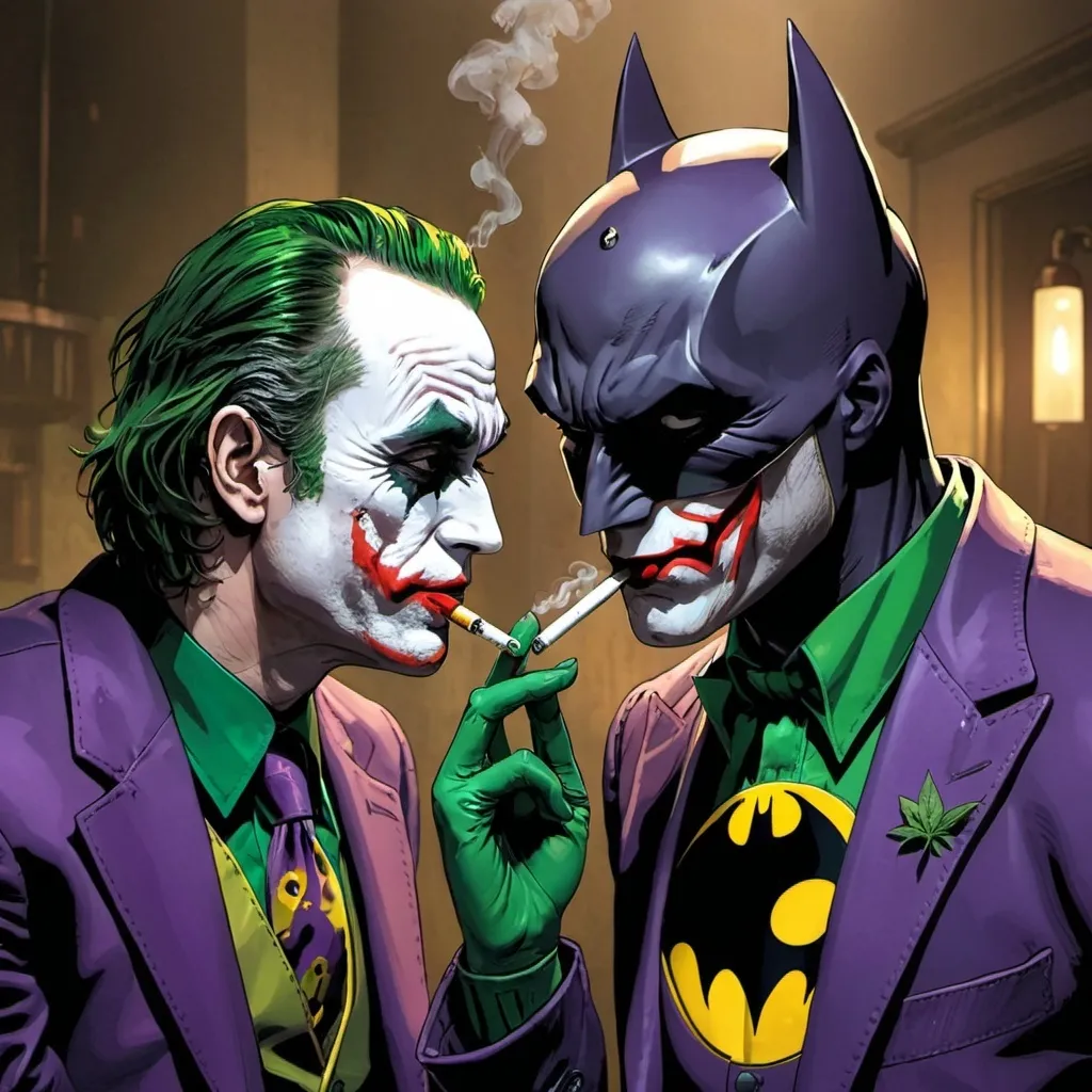 Prompt: Batman and joker smoking weed