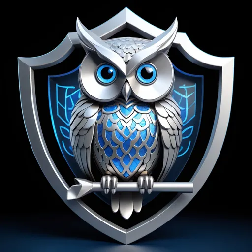 Prompt: A stylized silver owl perched on a digital shield, symbolizing wisdom, vigilance, and protection in the online world. The owl's eyes could be depicted as glowing blue to represent digital awareness.
