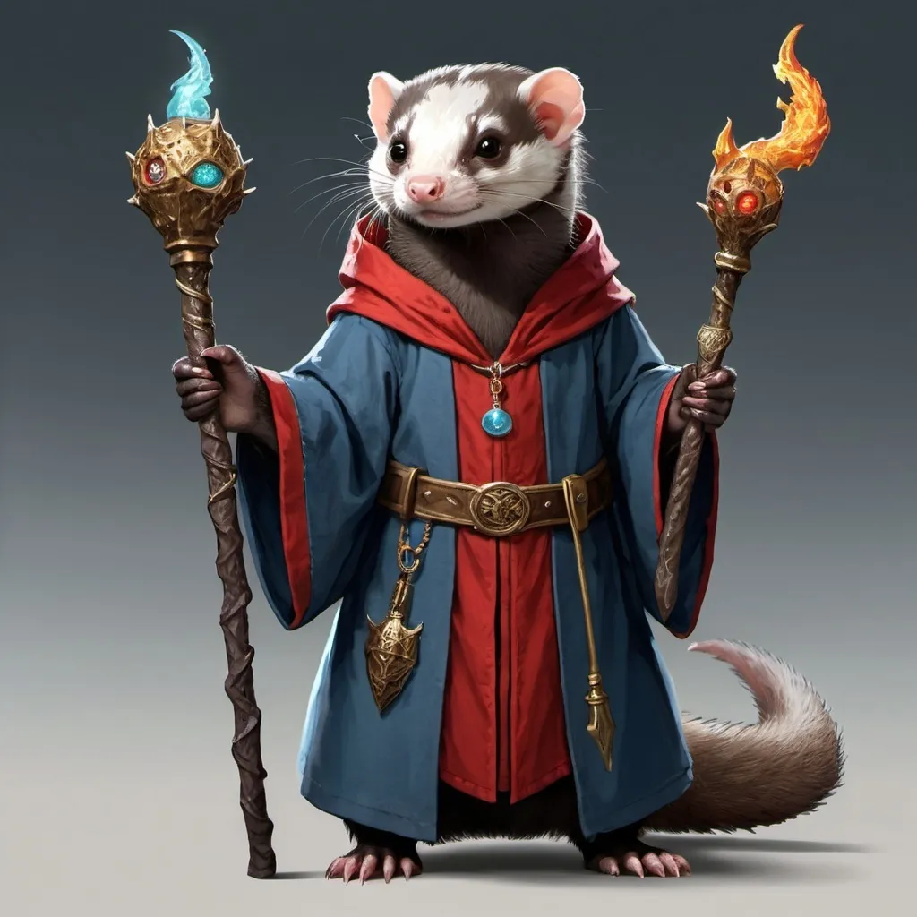 Prompt: humanoid ferret wearing wizard robes and holding a dragon-head wizard staff