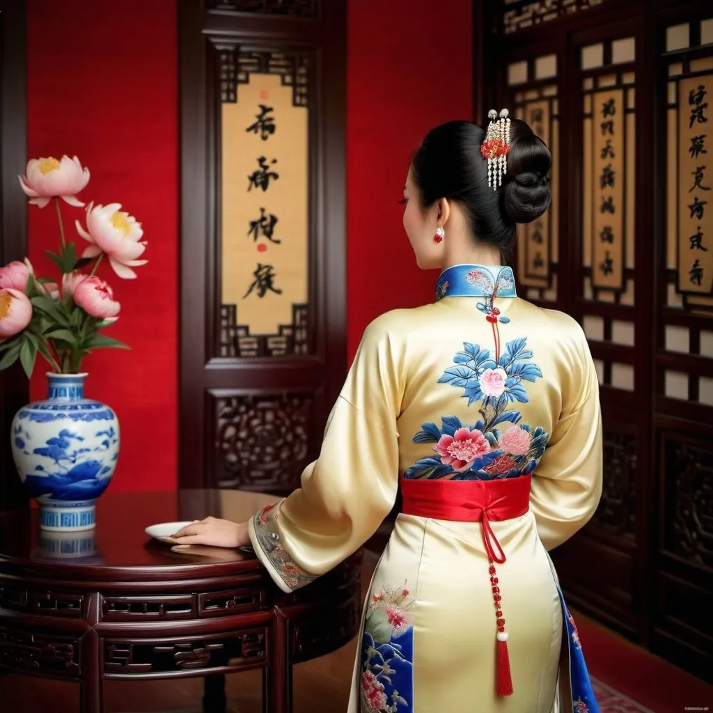 Prompt: back view of lady named Mei, beautiful woman age 30, well proportioned slender body, straight hair tied behind head, fringe, light makeup, wearing 19th century Chinese clothes, in exquisite silk material, ((embroidered with Red peonies on her chest)), simple pearl jewelry, light makeup. Location dining room with 19th century lavish gold coromandel screens, Ming dynasty style rosewood furniture, vase and paintings in the background, gorgeous colours, 4k render.