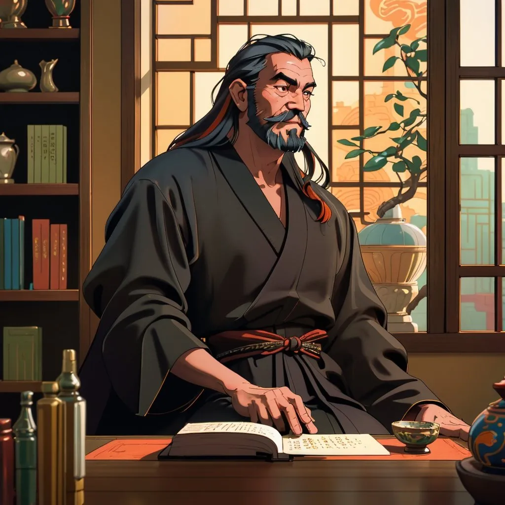 Prompt: Front view of Patriarch Ong, an elderly but handsome Chinese man, chiselled facial features, white flowing long hair, moustache and beard, wearing black early 20th century Chinese long robe with mandarin collar. He is deep in thought, eyes focused on ceiling, contented smile expression, stroking beard, sitting at his ponderous wooden writing table with abacus and books. Wooden bookshelves behind him, large open window with view of European street scene, horse-drawn carriages, shophouses, pedestrians. Art objects and bonsai plant.. Whole scene is in brilliant gorgeous colours, sunshiny day, 4k render.