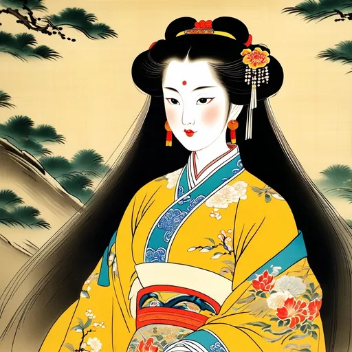 Prompt: front view of lady named SnoFlo, longish face, prominent cheek bones, small eyes, big mouth, well proportioned physique, combed long hair, heavy eye makeup, wearing yellow floral print 19th century Chinese clothes, 