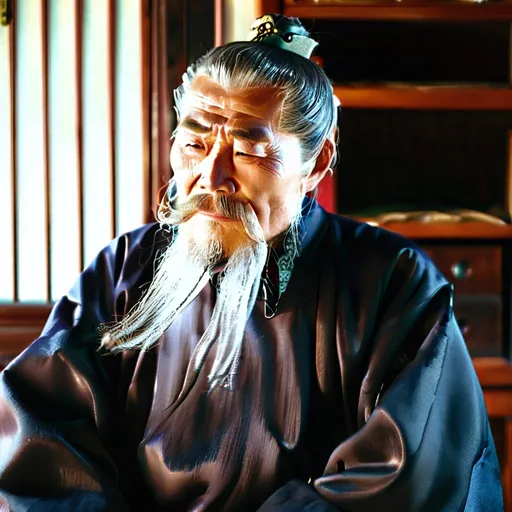 Prompt: Front view of Patriarch Ong, an elderly but handsome Chinese man, chiselled facial features, white flowing long hair, moustache and beard, wearing black early 20th century Chinese long robe with mandarin collar. He is deep in thought, eyes focused on ceiling, contented smile expression, stroking beard, sitting at his ponderous wooden writing table with abacus and books. Wooden bookshelves behind him, large open window with view of European street scene, horse-drawn carriages, shophouses, pedestrians. Art objects and bonsai plant.. Whole scene is in brilliant gorgeous colours, sunshiny day, 4k render.