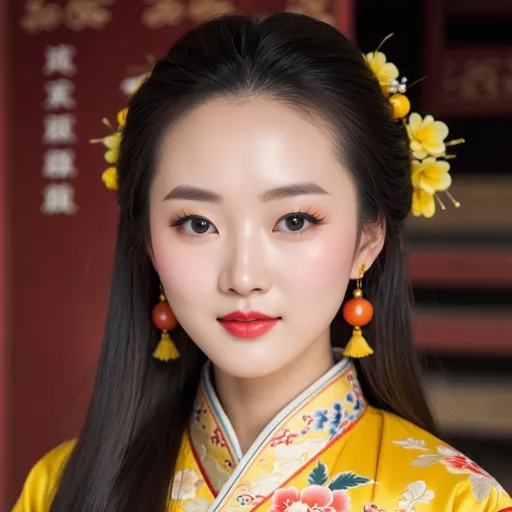 Prompt: front view of lady named SnoFlo, longish face, prominent cheek bones, small eyes, big mouth, well proportioned attractive physique, combed long hair, heavy eye makeup, wearing yellow floral print 19th century Chinese clothes, 