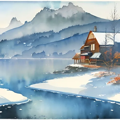 Prompt: winter lakeshore, Jean-Baptiste Monge style, watercolor, ink. Picturesque and colorful. ultra hd