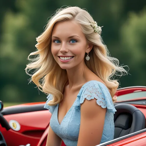 Prompt: En ung kvinde med lyseblå øjne står ved en rød Ferrari i en solrig sommerdag. Hun har en kort, hvid kjole på, og hendes hår er sat op i en elegant frisure. Hun smiler og ser ud over det åbne landskab, der er fyldt med gule solsikker og blå kornmarker.



