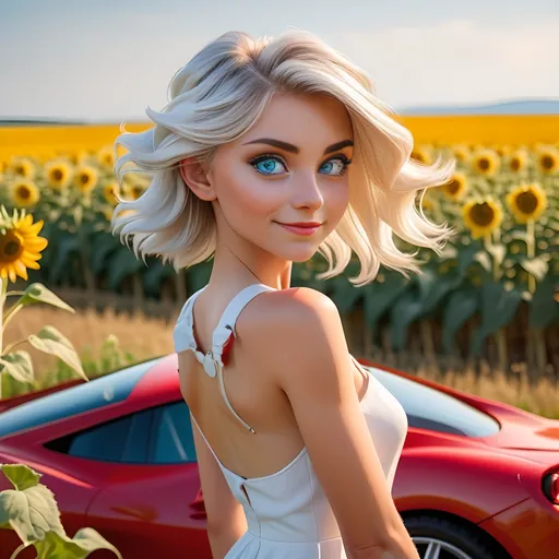 Prompt: A young woman with light blue eyes stands by a red Ferrari on a sunny summer day. She is wearing a short white dress and her hair is up in an elegant hairstyle. She smiles and looks out over the open countryside filled with yellow sunflowers and blue cornfields. ultra hd



