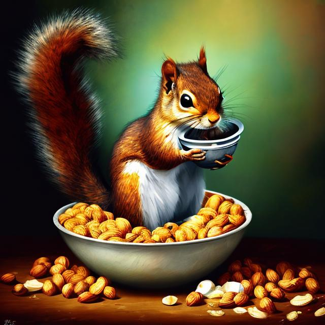 Prompt: A squirrel sits in a bowl of nuts, kittenpunk, ultra hd, extreme detail, canvas