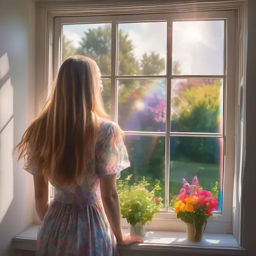 Prompt: A beautiful woman with long fair hair stands by an open window. The sun is shining outside and her hair is bathed in light. She has a smile on her face and looks out the window with an expression of joy and anticipation. The window is open and you can see a beautiful garden outside. The garden is full of flowers in all the colors of the rainbow. ultra hd