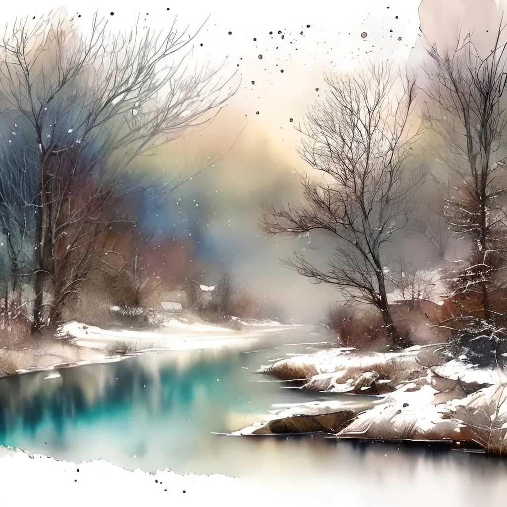 Prompt: winter lakeshore, Jean-Baptiste Monge style, watercolor, ink. Picturesque and colorful. ultra hd