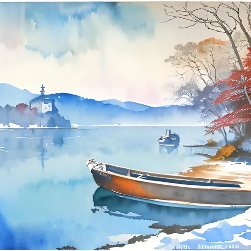 Prompt: winter lakeshore with a small boat on the lake, Jean-Baptiste Monge style, watercolor, ink. Picturesque and colorful. ultra hd