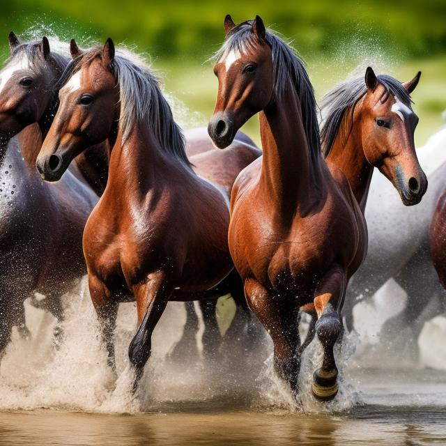 Prompt: A herd of horses runs through a stream and the water splashes up on the legs of the horses