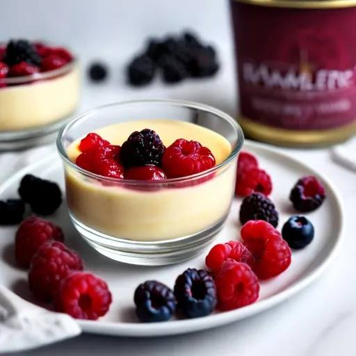 Prompt: Vanilla custard in glass ramekin with berries