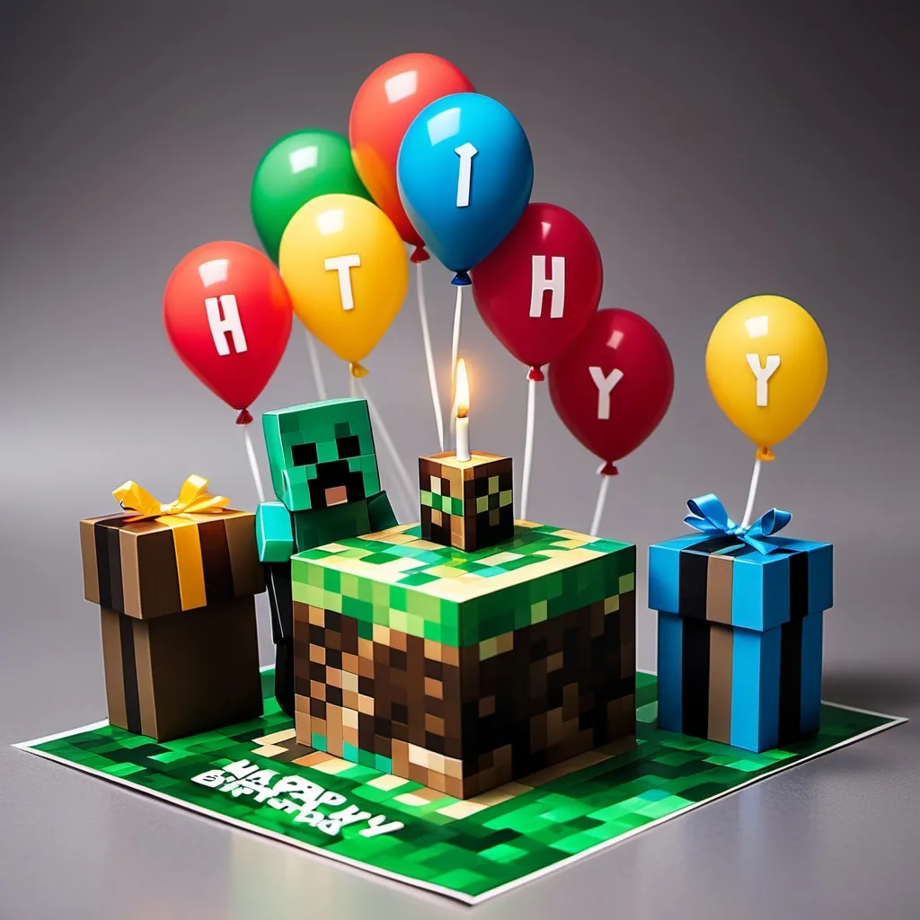 Prompt: Birthday card in 
minecraft video game theme.