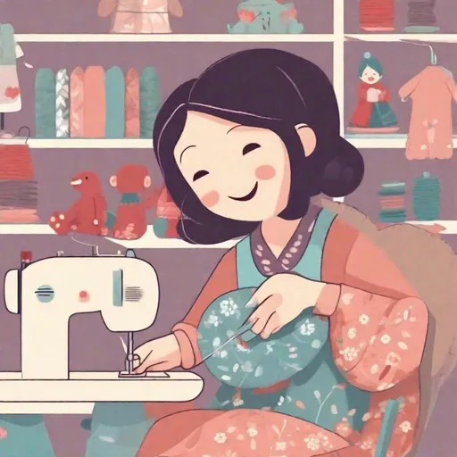 Prompt: Mother is sewing a doll with a smile, cute illustration style