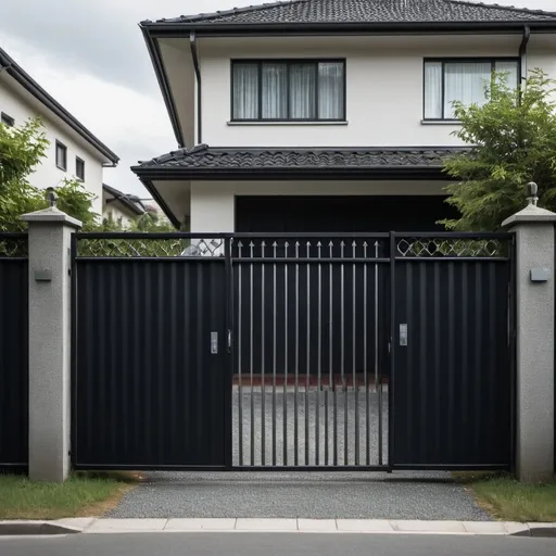 Prompt: photo of a house in front of which there is a dark fence with a sliding gate made of metal elements, with the focus set on the fence