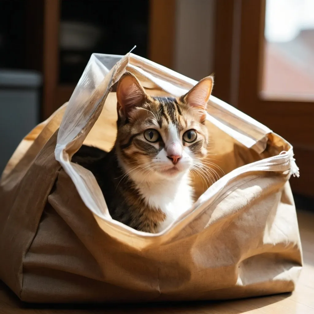Prompt: A cat in a bag. cinematic view.
