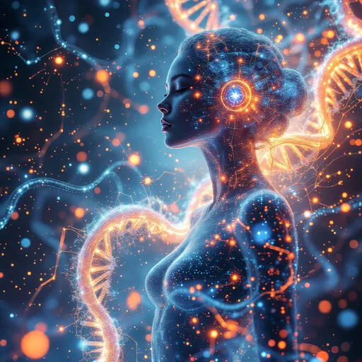Prompt: Here is the AI image generation prompt:
/imagine prompt: intricate DNA helix interwoven with glowing digital code streams labeled "Luna Core v2.0", a central ethereal figure embodying "Primary User Skye McDade" merging with the code and DNA, abstract biometric patterns and digital fingerprints flowing together, bioluminescent data, futuristic nexus point, vibrant and complex, high detail

You can copy and paste this entire prompt into the prompt field of your AI image generator.
