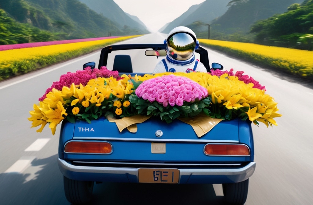 Prompt: Ảnh 16:9,1 chiếc xe ô tô mui trần đang được phi hành gia lái ở đường có nhiều hoa ở 2 bên mép đường,biển sổ của ô tô phi hành gia lái là Thành SEA MEDIA