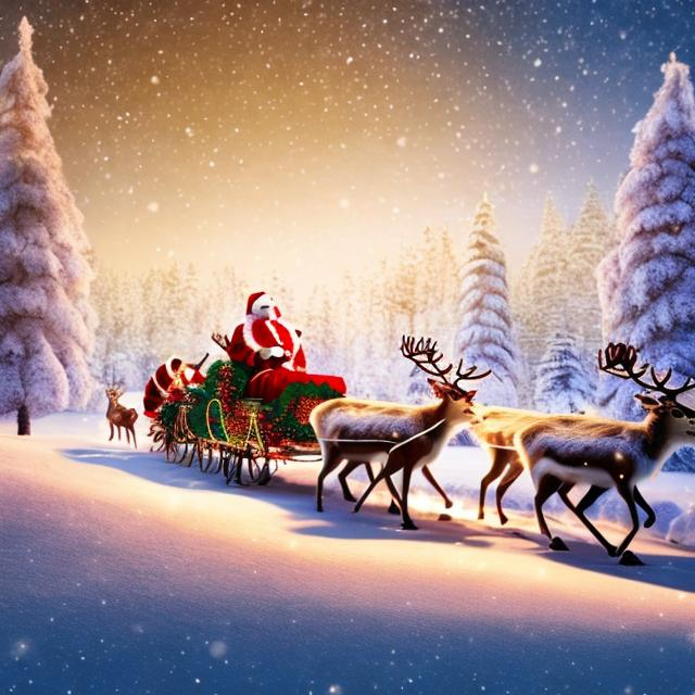 Prompt: Santa's sleigh being pulled by a group of reindeer with lots of stars and lighting and Happy new year 2024 text