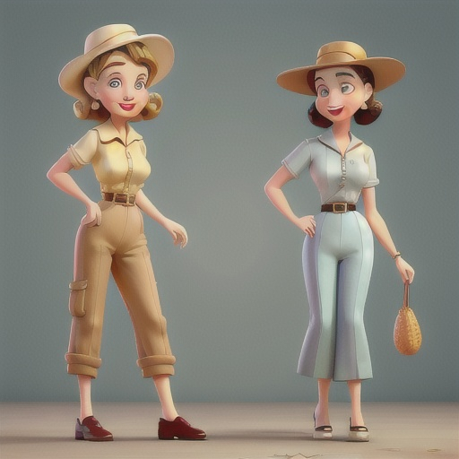 Prompt: 1950's type of cartoon woman aged 65 wearing glamourous clothes and her twin sister wearing khakis and a pith hat
