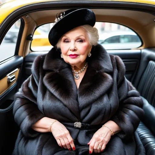 Prompt: Full body portrait of an affluent, elegant, greedy, obese 80-year-old society lady, oversized botox lips, double-chin, dark mink fur coat, sitting in the back of a taxi, drunk. Very detailed, HD.