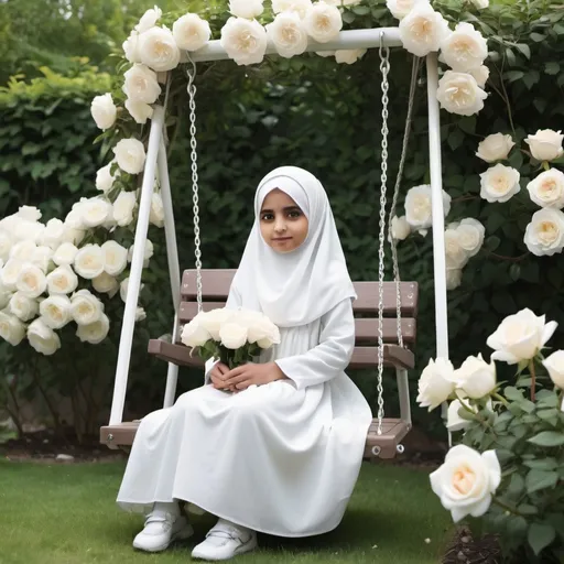 Prompt: a little Muslim girl with a hijaab and niqab, wearing a white modest gown sitting in a garden full of white roses, and it also has some swings in it .