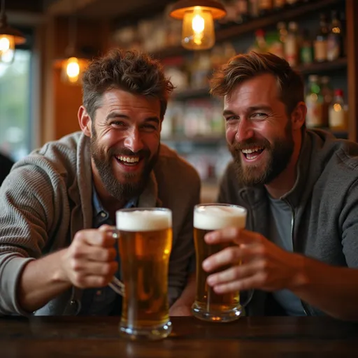 Prompt: lads drinking beer laughing

