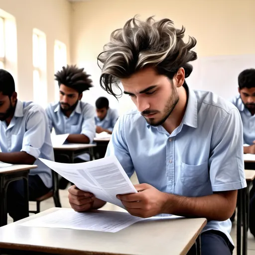 Prompt: A men in the exam hall seeing the his paper and his hair is massi and he is very tencend