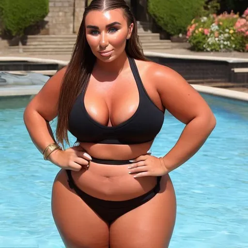 Prompt: Lauren Goodger plus size with big  chest, big gluteus maximus, thick eyebrows, thick braids, tan