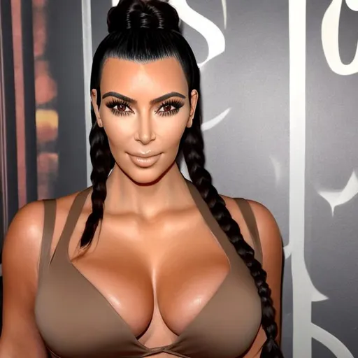 Prompt: Kim kardashian big chest, big gluteus maximus, hourglass body style, thick braids hair style, thick eyebrows, and tan