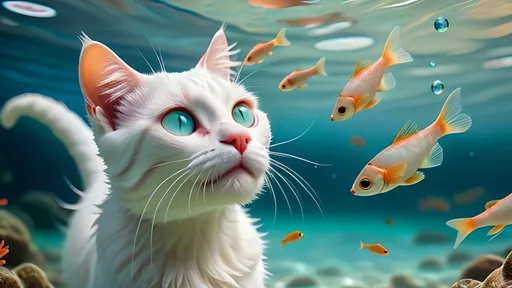 Prompt: A RAW 2000s photo of a majestic white cat, its fur glistening like seafoam as it swims gracefully under the surface of the water. The cat's eyes, like two shimmering opals, gaze upward. A school of tiny fish dart past its whiskers. The surrounding water is a mesmerizing swirl of turquoise and aquamarine, with subtle ripples and hints of coral pink. The overall scene is photographic and dynamic.