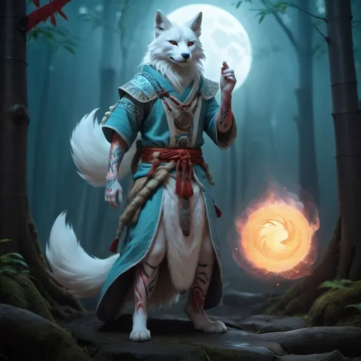 Prompt: Kitsune-Humanoid, with white fur and red battle tattoos all over his body, with elements of a shaman, has multiple tails, displays magical or spiritual abilities, a mystical bamboo Japan forest on background,  an ethereal glow surrounding the creature, a mystical atmosphere , rich twilight colors, new moon, magical aura, high detail, fantasy elements, D&D concept design