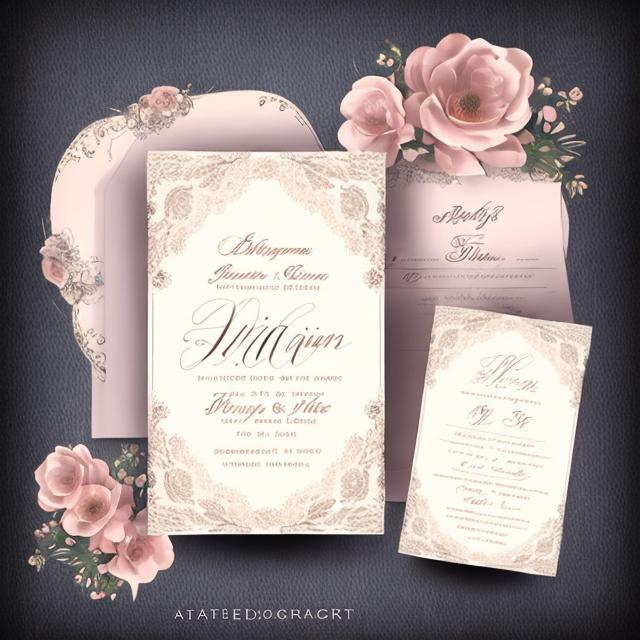 Prompt: Wedding ceremony invitation card, elegant and romantic design, vintage floral motif, soft pastel tones, calligraphy script, high quality, elegant, romantic, vintage, floral motif, soft pastel, calligraphy, detailed design, stylish, atmospheric lighting