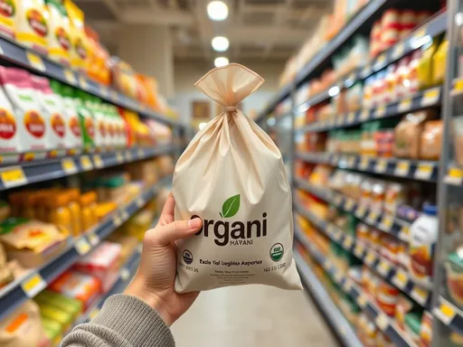 Prompt: a hand holding a bag of food in a store aisle with a shelf of food in the background and a person holding a bag of food in the foreground, Bouchta El Hayani, international typographic style, organic, a stock photo