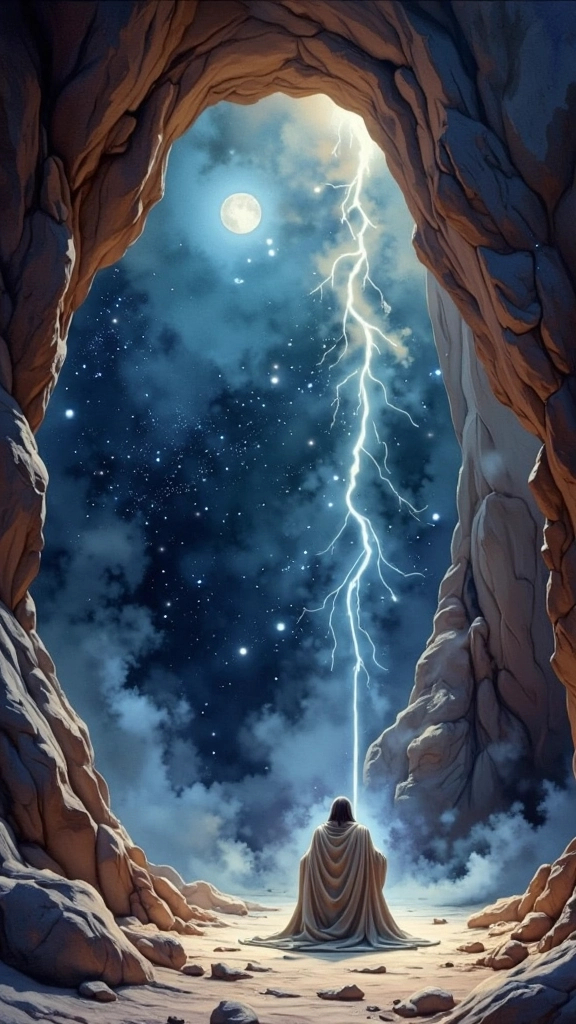 Prompt: A majestic and spiritual scene inside the Cave of Hira at night — a lone, robed figure with a softly glowing aura kneels in deep contemplation, face hidden or turned away, illuminated by a subtle divine light descending from above. The rocky cave glows faintly under the moonlight, with distant stars and the vast desert night visible through the entrance. The atmosphere is filled with a sense of awe, peace, and destiny — a moment of revelation, silence, and the birth of a divine mission. Style: cinematic, high-detail, ethereal lighting, mystical and reverent mood.
