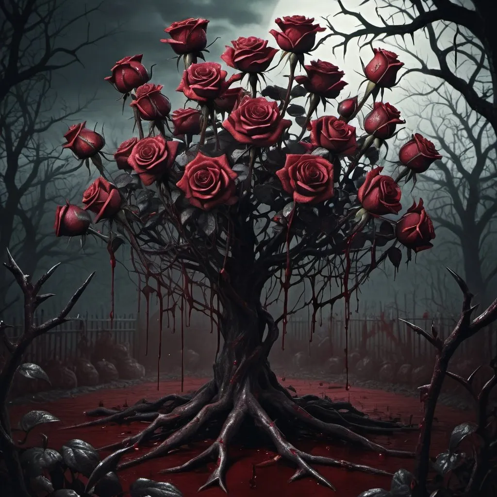 Prompt: Horror illustration of a blood-filled rose garden, haunting rose tree centerpiece, dark and eerie atmosphere, high-contrast shadows, murky red tones, unsettling vibe, detailed thorns, petrifying scenery, best quality, highres, ultra-detailed, horror, blood-filled, eerie, detailed thorns, unsettling, haunting, atmospheric lighting