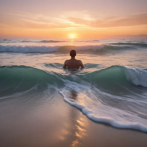 Prompt: Create a serene, calming ocean scene at sunset with soft, glowing light reflecting off gentle waves. The horizon stretches far into the distance, blending with the soft, warm colors of the sky. In the foreground, a person floats peacefully on their back in the water, their body relaxed, and their mind at ease. The image evokes a trance-like state of stillness, where the boundary between the person and the ocean feels blurred. The waves are rhythmic, almost hypnotic, as they lap gently against the floating figure, conveying a sense of healing and deep emotional release. The colors and mood of the scene are soft and tranquil, evoking feelings of contentment, gratitude, and oneness with nature.