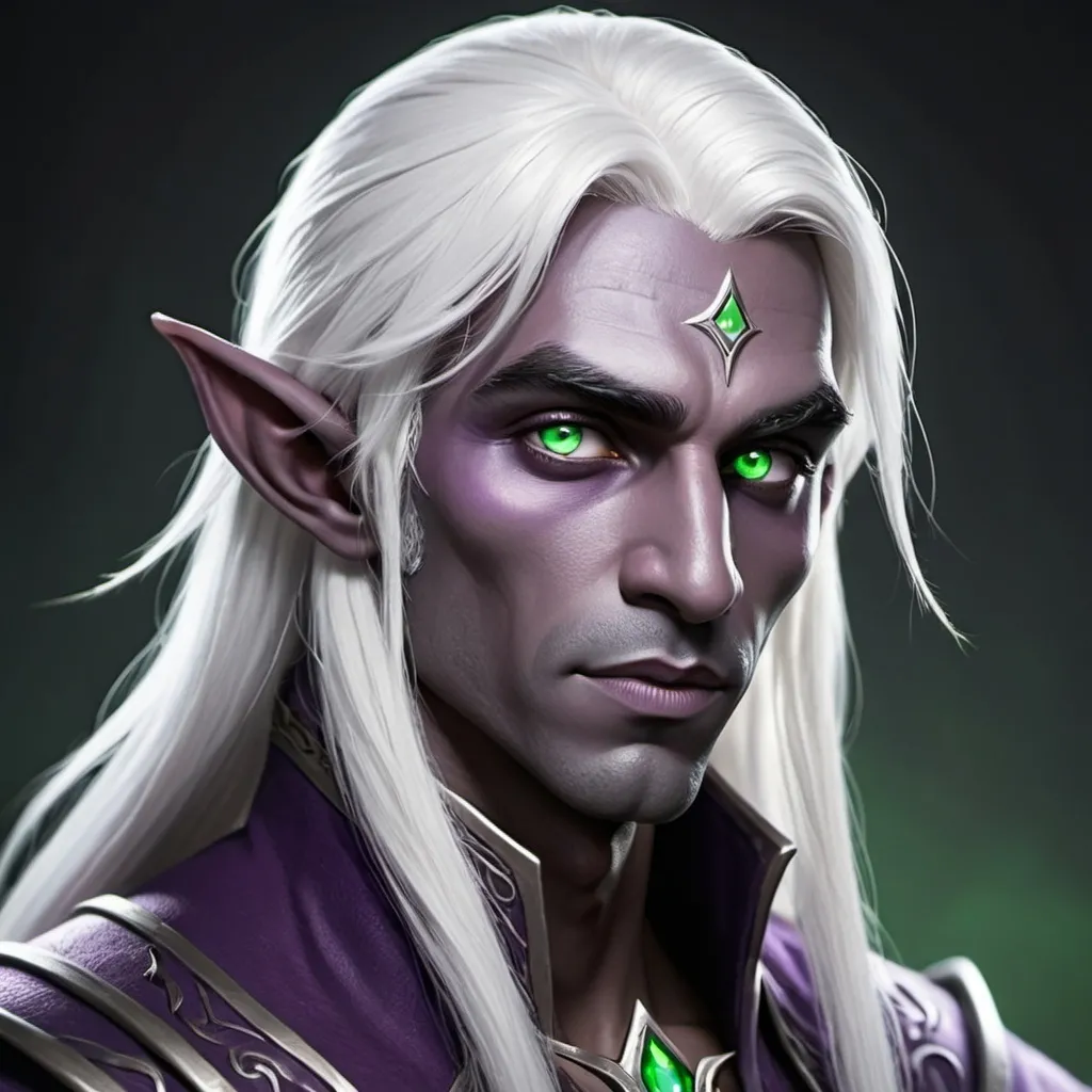 Prompt: A drow male elf with purple skin , straight long white hair , green eyes, fantasy cartoon style

