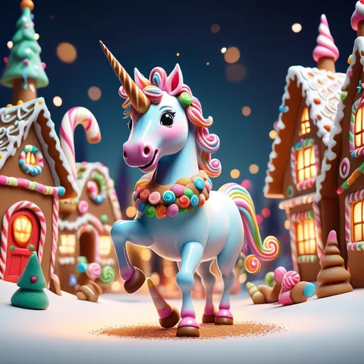 Prompt: (cartoony image), a vibrant (unicorn with a candy cane horn), prancing joyfully through a whimsical (gingerbread village), adorned with sparkling (fairy lights), cheerful ambiance, warm tones, colorful sweets and treats, bright and playful atmosphere, delightful details, enchanting scene, high quality 4K, ultra-detailed features.