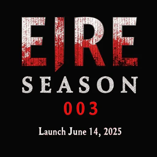 Prompt: The image displays a promotional poster for "Eire Season 003," set to launch on June 14, 2025. The title, "EIRE SEASON," is prominently featured in bold red and white letters against a gritty black background, evoking a sense of urgency and intrigue. To sponsor and support