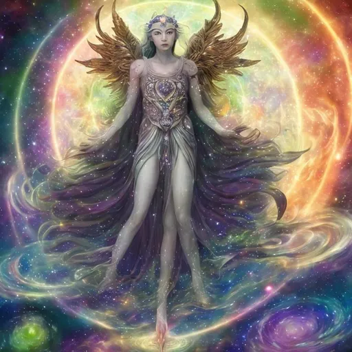 Prompt: "In the vast tapestry of the multiverse, the celestial realm of Polaris, the North Star, shines as a guiding light for explorers across dimensions. The goddess Polaris, an ethereal being of cosmic wisdom, is our cosmic navigator. She presides over the zodiac gods, offering her guidance to those who seek knowledge, harmony, and enlightenment in the universe.

In this NFT artwork, we delve into the secrets of the string theory, where the universe is a complex web of interconnected strings vibrating in harmonious resonance. These strings give birth to galaxies, planets, and the very essence of existence. Polaris, as the central figure, is portrayed as a radiant, otherworldly being adorned with constellations and zodiac symbols, signifying her connection to the stars and their influence on our destiny.

Around her, we see the solar system in all its splendor, with each planet represented in intricate detail. The sun, our life-giving star, serves as the source of knowledge and energy, illuminating the path of enlightenment.  She has human features like long flowing blonde hair and a crown of blue sapphires. Very curvy and beautiful.  She has planets behind her like Pluto, Saturn her moons, and Uranus.  Focus on the details in her face and make sure she is beautiful. Have her give a hurting face with her mouth open looking up at the sky. A purple shining planet behind her.






