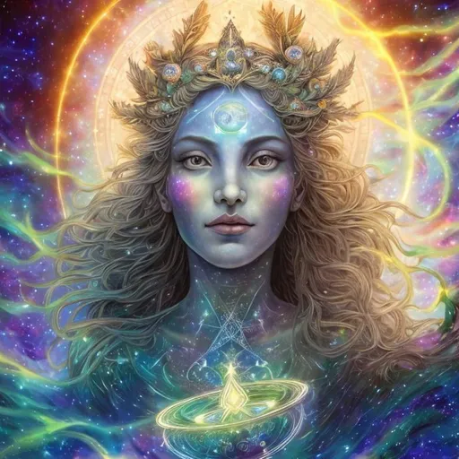 Prompt: "In the vast tapestry of the multiverse, the celestial realm of Polaris, the North Star, shines as a guiding light for explorers across dimensions. The goddess Polaris, an ethereal being of cosmic wisdom, is our cosmic navigator. She presides over the zodiac gods, offering her guidance to those who seek knowledge, harmony, and enlightenment in the universe.

In this NFT artwork, we delve into the secrets of the string theory, where the universe is a complex web of interconnected strings vibrating in harmonious resonance. These strings give birth to galaxies, planets, and the very essence of existence. Polaris, as the central figure, is portrayed as a radiant, otherworldly being adorned with constellations and zodiac symbols, signifying her connection to the stars and their influence on our destiny.

Around her, we see the solar system in all its splendor, with each planet represented in intricate detail. The sun, our life-giving star, serves as the source of knowledge and energy, illuminating the path of enlightenment.  She has human features like long flowing blonde hair and a crown of blue sapphires. Very curvy and beautiful.  She has planets behind her like Pluto, Saturn her moons, and Uranus.  Focus on the details in her face make sure she is beautiful.





