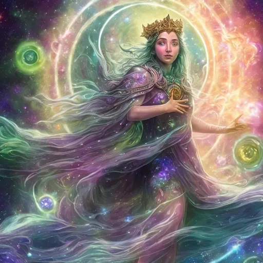 Prompt: "In the vast tapestry of the multiverse, the celestial realm of Polaris, the North Star, shines as a guiding light for explorers across dimensions. The goddess Polaris, an ethereal being of cosmic wisdom, is our cosmic navigator. She presides over the zodiac gods, offering her guidance to those who seek knowledge, harmony, and enlightenment in the universe.

In this NFT artwork, we delve into the secrets of the string theory, where the universe is a complex web of interconnected strings vibrating in harmonious resonance. These strings give birth to galaxies, planets, and the very essence of existence. Polaris, as the central figure, is portrayed as a radiant, otherworldly being adorned with constellations and zodiac symbols, signifying her connection to the stars and their influence on our destiny.

Around her, we see the solar system in all its splendor, with each planet represented in intricate detail. The sun, our life-giving star, serves as the source of knowledge and energy, illuminating the path of enlightenment.  She has human features like long flowing blonde hair and a crown of blue sapphires. Very curvy and beautiful.  She has planets behind her like Pluto, Saturn her moons, and Uranus.  Focus on the details in her face and make sure she is beautiful. Have her give a hurting face with her mouth open looking up at the sky.





