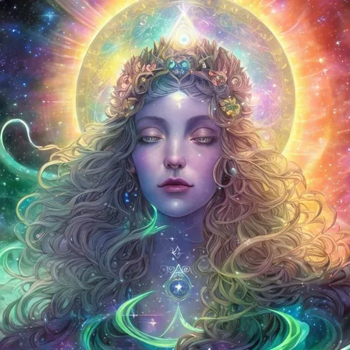 Prompt: "In the vast tapestry of the multiverse, the celestial realm of Polaris, the North Star, shines as a guiding light for explorers across dimensions. The goddess Polaris, an ethereal being of cosmic wisdom, is our cosmic navigator. She presides over the zodiac gods, offering her guidance to those who seek knowledge, harmony, and enlightenment in the universe.

In this NFT artwork, we delve into the secrets of the string theory, where the universe is a complex web of interconnected strings vibrating in harmonious resonance. These strings give birth to galaxies, planets, and the very essence of existence. Polaris, as the central figure, is portrayed as a radiant, otherworldly being adorned with constellations and zodiac symbols, signifying her connection to the stars and their influence on our destiny.

Around her, we see the solar system in all its splendor, with each planet represented in intricate detail. The sun, our life-giving star, serves as the source of knowledge and energy, illuminating the path of enlightenment.  She has human features like long flowing blonde hair and a crown of blue sapphires. Very curvy and beautiful.  She has planets behind her like Pluto, Saturn her moons, and Uranus.  Focus on the details in her face make sure she is beautiful.





