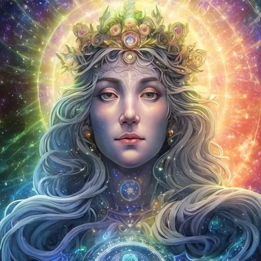 Prompt: "In the vast tapestry of the multiverse, the celestial realm of Polaris, the North Star, shines as a guiding light for explorers across dimensions. The goddess Polaris, an ethereal being of cosmic wisdom, is our cosmic navigator. She presides over the zodiac gods, offering her guidance to those who seek knowledge, harmony, and enlightenment in the universe.

In this NFT artwork, we delve into the secrets of the string theory, where the universe is a complex web of interconnected strings vibrating in harmonious resonance. These strings give birth to galaxies, planets, and the very essence of existence. Polaris, as the central figure, is portrayed as a radiant, otherworldly being adorned with constellations and zodiac symbols, signifying her connection to the stars and their influence on our destiny.

Around her, we see the solar system in all its splendor, with each planet represented in intricate detail. The sun, our life-giving star, serves as the source of knowledge and energy, illuminating the path of enlightenment.  She has human features like long flowing blonde hair and a crown of blue sapphires. Very curvy and beautiful.  She has planets behind her like Pluto, Saturn her moons, and Uranus.  Focus on the details in her face and make sure she is beautiful. Have her give a hurting face with her mouth open looking up at the sky. A purple shining planet behind her.






