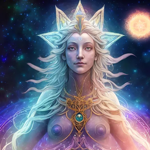 Prompt: "In the vast tapestry of the multiverse, the celestial realm of Polaris, the North Star, shines as a guiding light for explorers across dimensions. The goddess Polaris, an ethereal being of cosmic wisdom, is our cosmic navigator. She presides over the zodiac gods, offering her guidance to those who seek knowledge, harmony, and enlightenment in the universe.

In this NFT artwork, we delve into the secrets of the string theory, where the universe is a complex web of interconnected strings vibrating in harmonious resonance. These strings give birth to galaxies, planets, and the very essence of existence. Polaris, as the central figure, is portrayed as a radiant, otherworldly being adorned with constellations and zodiac symbols, signifying her connection to the stars and their influence on our destiny.

Around her, we see the solar system in all its splendor, with each planet represented in intricate detail. The sun, our life-giving star, serves as the source of knowledge and energy, illuminating the path of enlightenment.  She has a bright Pink planet behind her. She is near a black hole taking in a star. Her body is shimmering violently.






