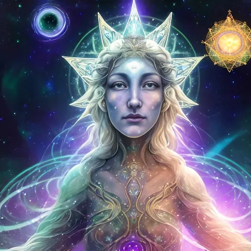 Prompt: "In the vast tapestry of the multiverse, the celestial realm of Polaris, the North Star, shines as a guiding light for explorers across dimensions. The goddess Polaris, an ethereal being of cosmic wisdom, is our cosmic navigator. She presides over the zodiac gods, offering her guidance to those who seek knowledge, harmony, and enlightenment in the universe.

In this NFT artwork, we delve into the secrets of the string theory, where the universe is a complex web of interconnected strings vibrating in harmonious resonance. These strings give birth to galaxies, planets, and the very essence of existence. Polaris, as the central figure, is portrayed as a radiant, otherworldly being adorned with constellations and zodiac symbols, signifying her connection to the stars and their influence on our destiny.

Around her, we see the solar system in all its splendor, with each planet represented in intricate detail. The sun, our life-giving star, serves as the source of knowledge and energy, illuminating the path of enlightenment.  She has a bright Pink planet behind her. She is near a black hole taking in a star.





