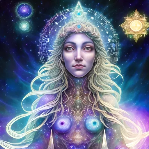 Prompt: "In the vast tapestry of the multiverse, the celestial realm of Polaris, the North Star, shines as a guiding light for explorers across dimensions. The goddess Polaris, an ethereal being of cosmic wisdom, is our cosmic navigator. She presides over the zodiac gods, offering her guidance to those who seek knowledge, harmony, and enlightenment in the universe.

In this NFT artwork, we delve into the secrets of the string theory, where the universe is a complex web of interconnected strings vibrating in harmonious resonance. These strings give birth to galaxies, planets, and the very essence of existence. Polaris, as the central figure, is portrayed as a radiant, otherworldly being adorned with constellations and zodiac symbols, signifying her connection to the stars and their influence on our destiny.

Around her, we see the solar system in all its splendor, with each planet represented in intricate detail. The sun, our life-giving star, serves as the source of knowledge and energy, illuminating the path of enlightenment.  She has a bright Pink planet behind her. She is near a black hole taking in a star.





