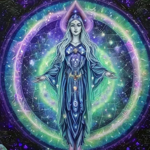 Prompt: "In the vast tapestry of the multiverse, the celestial realm of Polaris, the North Star, shines as a guiding light for explorers across dimensions. The goddess Polaris, an ethereal being of cosmic wisdom, is our cosmic navigator. She presides over the zodiac gods, offering her guidance to those who seek knowledge, harmony, and enlightenment in the universe.

In this NFT artwork, we delve into the secrets of the string theory, where the universe is a complex web of interconnected strings vibrating in harmonious resonance. These strings give birth to galaxies, planets, and the very essence of existence. Polaris, as the central figure, is portrayed as a radiant, otherworldly being adorned with constellations and zodiac symbols, signifying her connection to the stars and their influence on our destiny.

Around her, we see the solar system in all its splendor, with each planet represented in intricate detail. The sun, our life-giving star, serves as the source of knowledge and energy, illuminating the path of enlightenment.  She has human features like long flowing blonde hair and a crown of blue sapphires. Very curvy and beautiful





